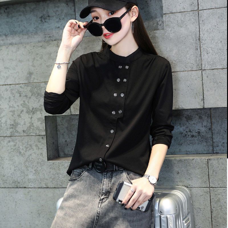 衬衫女长袖双排扣打底衫