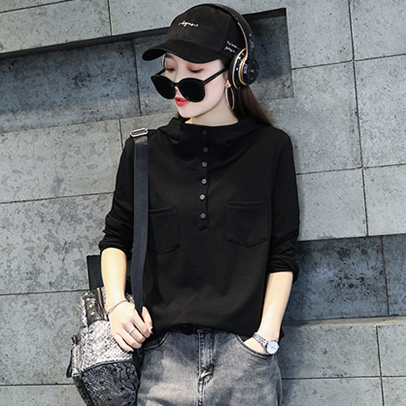 加厚卫衣女长袖2025年新款黑色打底衫休闲连帽t恤春秋季百搭上衣