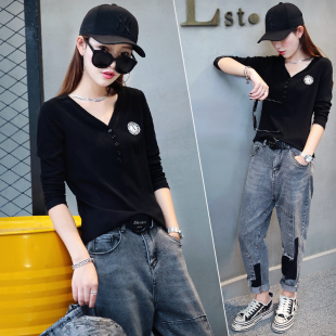 早秋T恤女装2025春秋新款内搭长袖V领打底衫小衫黑色短款衣服上衣