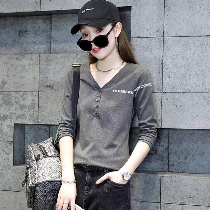 V领长袖T恤宽松短款洋气内搭