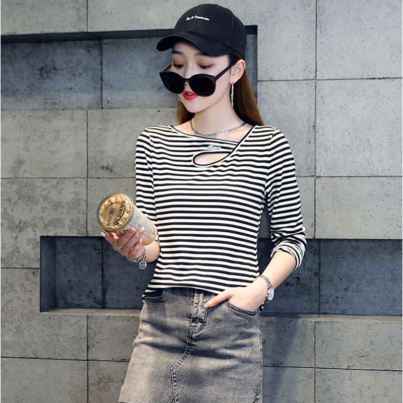 长袖T恤春秋外穿条纹打底衫女2023新款设计感小众百搭春装上衣潮