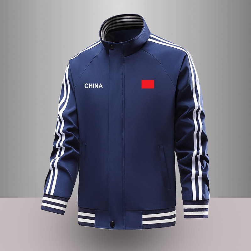 国家队春秋运动夹克男士纯色翻领外套韩版三条杠潮流休闲挺括上衣