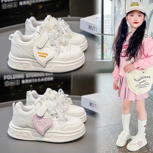 春夏季款女童小白鞋儿童白色运动鞋皮面休闲板鞋网眼透气跑步鞋子
