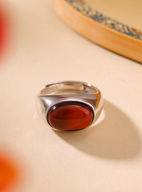 正品保真S925纯银血珀复古轻奢简约蛋面戒指时尚气质百搭开口指环
