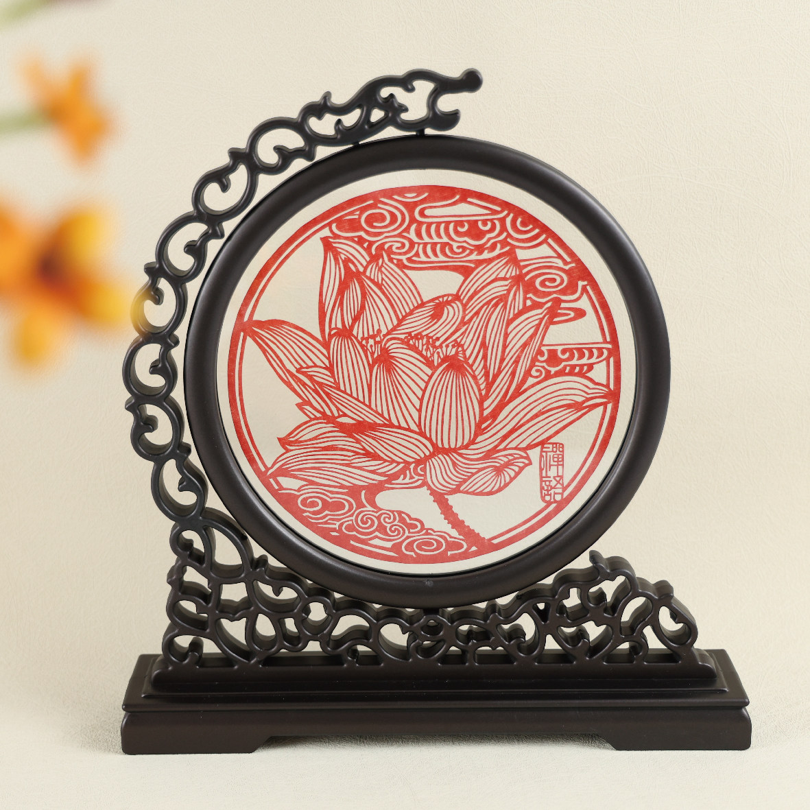 非遗文化佛山纯色剪纸禅荷系列屏风摆件纯手工文创工艺品家居装饰