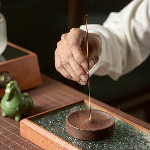 高品质胡桃木香插实木线香家用香插手工茶道圆形香炉底座沉香盘托