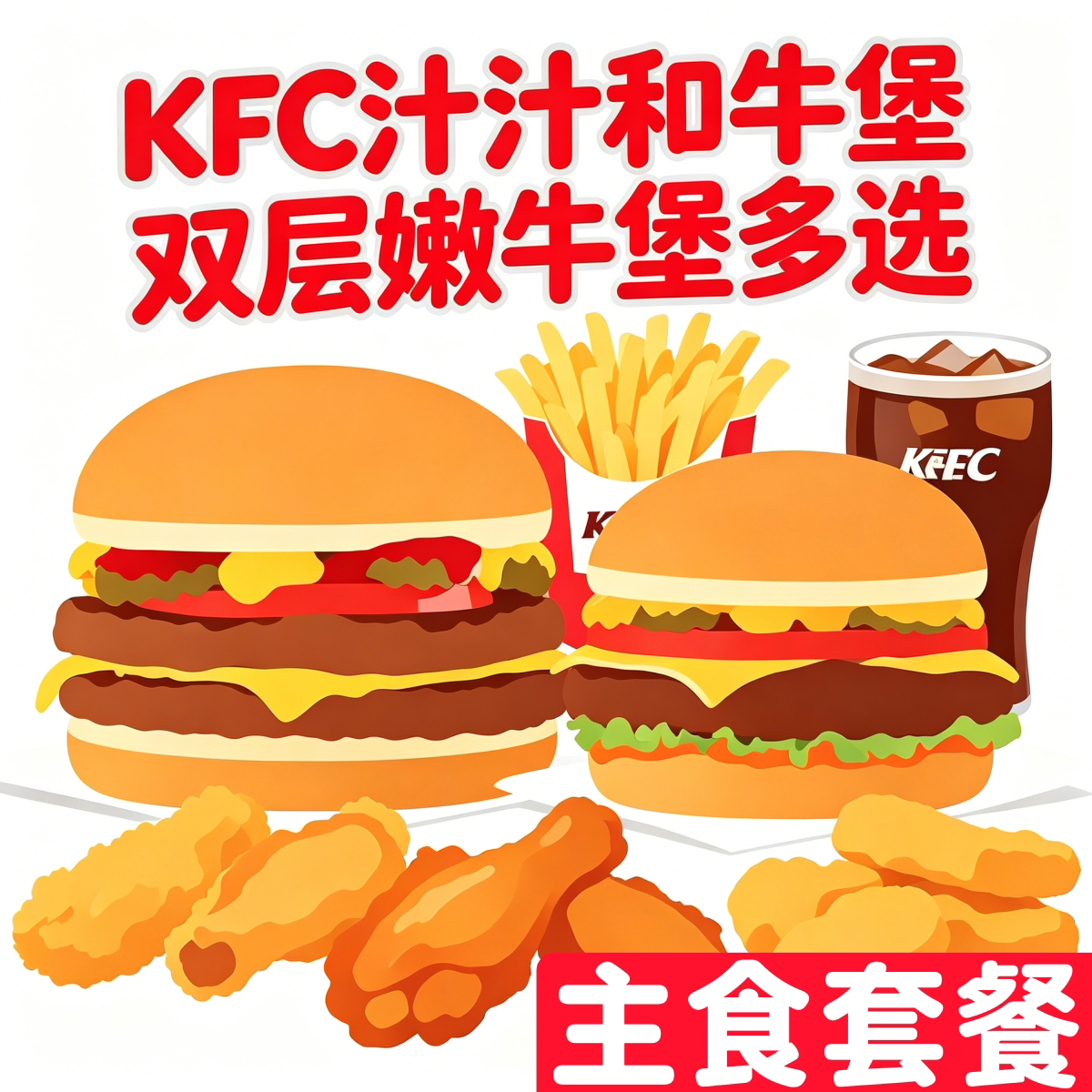 肯德基汁汁和牛堡双层嫩牛堡代下单鸡翅鸡块中薯中可鸡米花套餐
