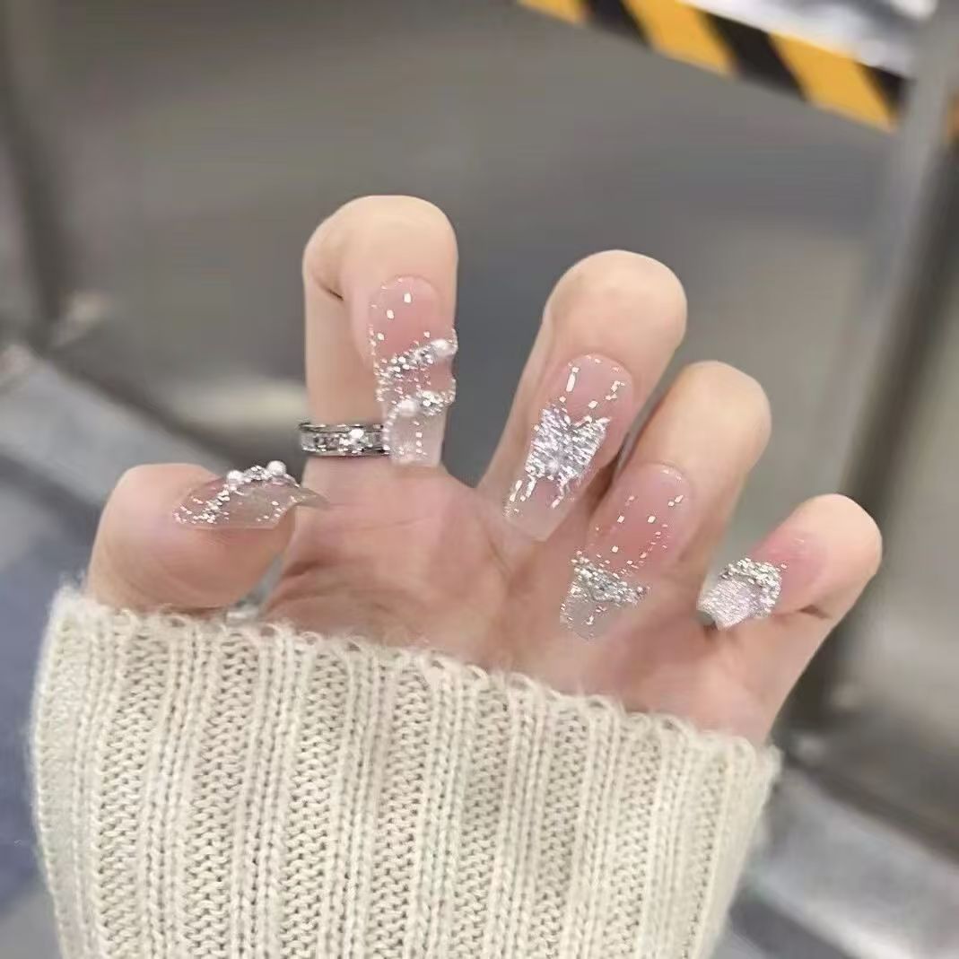 爆闪网红蝴蝶穿戴甲闪粉珍珠猫眼纯欲风高级显白美甲预制甲