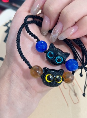 甜酷小喵ins小众设计黑色檀木小猫咪编织手链情侣送闺蜜礼物怪兽