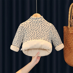 女童打底衫2026新款冬季加厚夹棉内搭宝宝高领小女孩碎花保暖上衣