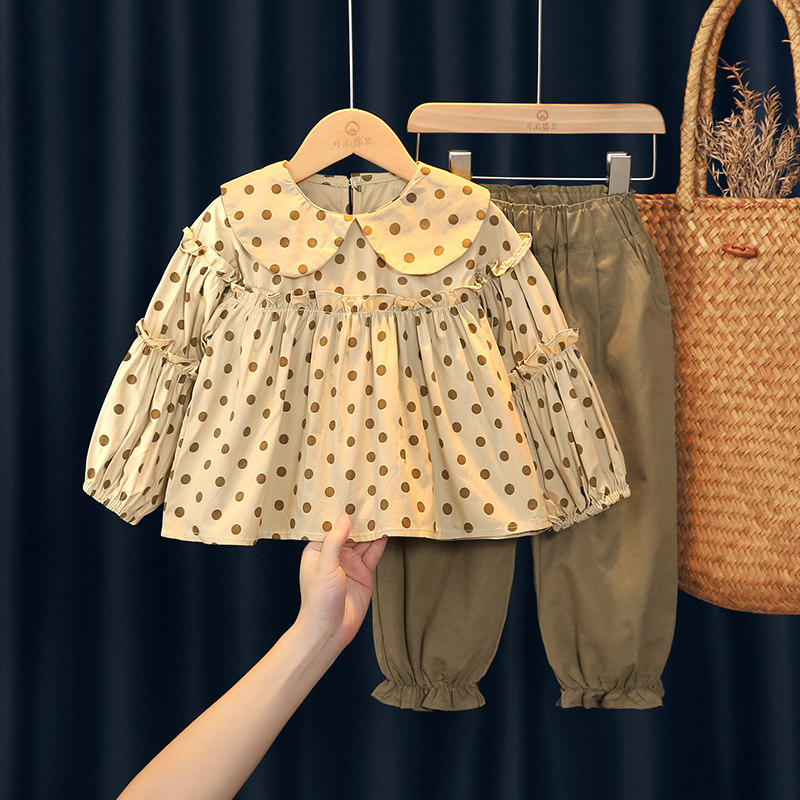 女童套装春秋款2026新款洋气娃娃领衬衫女宝宝休闲纯棉韩系两件套