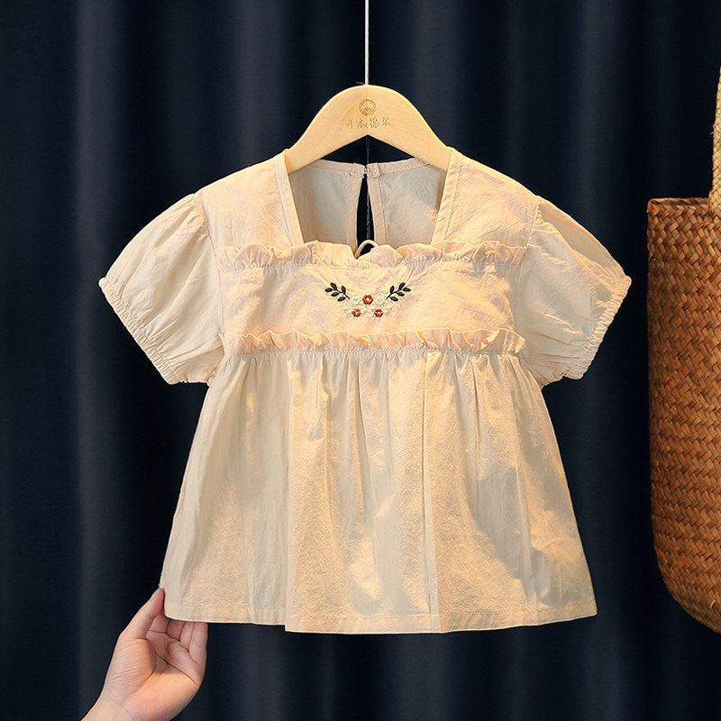 女童衬衫夏季短袖新款法式女孩子洋气好看娃娃衫儿童宝宝纯棉上衣