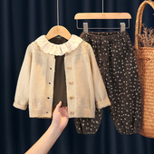 春秋季 裤 2026新款 宝宝开衫 子三件套 小女孩森系洋气娃娃衫 女童套装