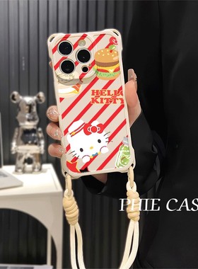 荣耀x70i少女心苹果12四角开孔13透明16ProMax适用防摔15手机壳软大厨M记凯蒂猫iPhone14plus斜挎手腕挂绳a58