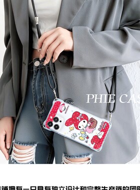 小米14p草莓美乐蒂四角开孔iPhone16透明15plus手机壳软苹果13ProMax斜挎手腕挂绳OPPOReno12适用a58可爱防摔