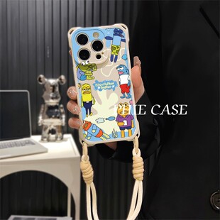 16plus透明适用VIVOIQOOneo9防摔15手机壳软14四角开孔13斜挎iPhone卡通手腕挂绳苹果12ProMax可爱比奇堡居民