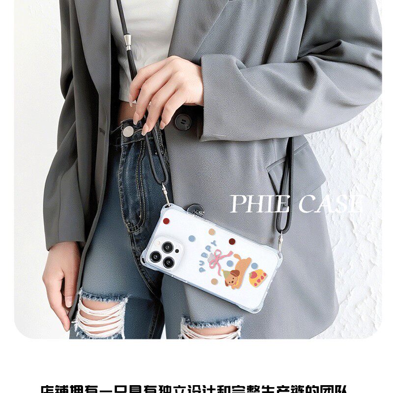 OPPOReno14草莓小狗四角开孔苹果13斜挎手腕挂绳12ProMax适用iPhone16防摔一加ACE5透明15plus手机壳软a5可爱
