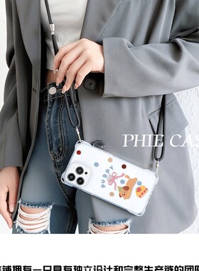 OPPOReno14草莓小狗四角开孔苹果13斜挎手腕挂绳12ProMax适用iPhone16防摔一加ACE5透明15plus手机壳软a5可爱