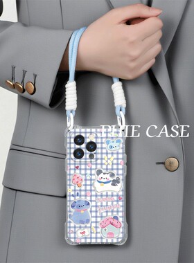 a5手机壳软iPhone14四角开孔13ProMax透明一加ACE5蓝白格纹小狗苹果16斜挎手腕挂绳12适用17防摔15plus小清新