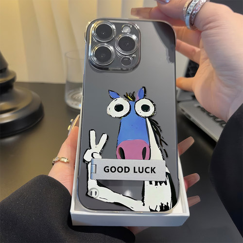 iPhone17高级感荣耀600苹果13p创意透明14ProMax适用16PLUS超薄卡通带支架无边框硬手机壳搞怪小马红米NOTE15