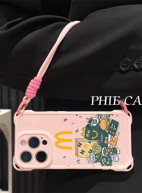 iPhone16plus手机壳软14四角开孔苹果13斜挎手腕挂绳华为NOVA12防摔透明15ProMax适用x200创意汉堡m字红米k80