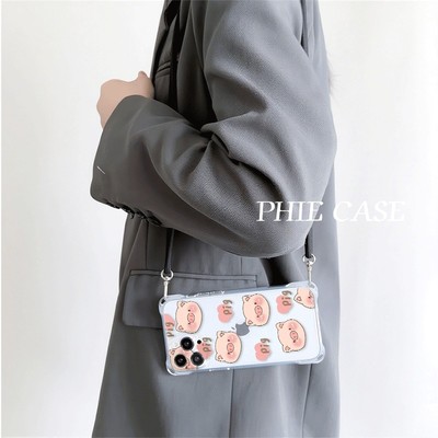 苹果16斜挎手腕挂绳12可爱小猪一加ACE5适用防摔15plus手机壳软iPhone14四角开孔13ProMax透明 VIVOs30少女心