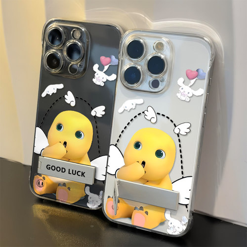 iPhone13硬透明苹果16带支架VIVOIQOO15适用苹果14PLUS超薄可爱天使翅膀奶龙高级感手机壳17ProMax无边框卡通
