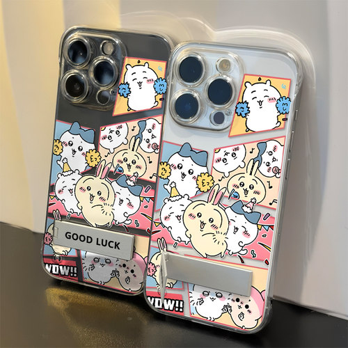 iPhone13硬透明苹果15pm可爱带支架适用苹果14PLUS超薄华为NOVA16高级感手机壳卡通17ProMax无边框可爱乌萨奇