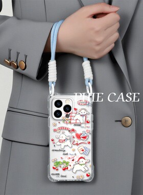 草莓小羊iPhone15手机壳软14四角开孔13斜挎手腕挂绳苹果16plus透明适用防摔12ProMax少女心荣耀x70i可爱x200