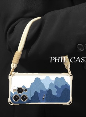 红米TURBO4防摔15plus手机壳软iPhone14四角开孔13ProMax透明华为Mate70蓝色湖泊苹果16斜挎手腕挂绳12适用17