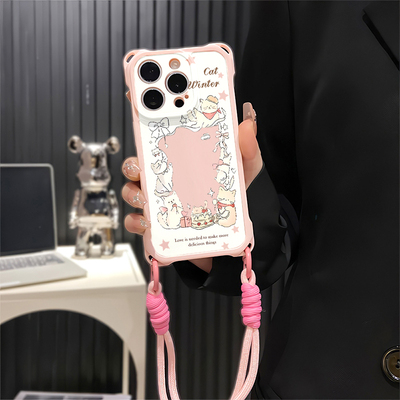 iPhone16可爱四角开孔VIVOX300S适用斜挎手腕挂绳苹果13防摔15plus猫咪花朵卡通小米17ULTRA手机壳软14ProMax
