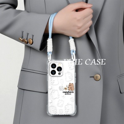 iPhone13透明线条卡皮巴拉苹果16斜挎手腕挂绳17ProMax适可爱小米14防摔15plus手机壳软12四角开孔华为Mate70