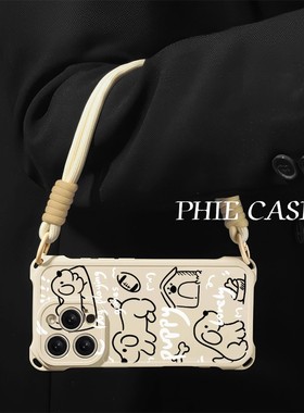 苹果14英文涂鸦小狗四角开孔iPhone16透明15plus手机壳软13ProMax适用防摔一加ACE5斜挎手腕挂绳12个性k70pro