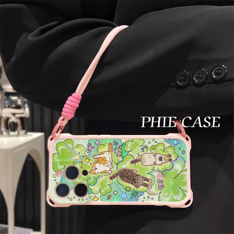 幸运草猫咪苹果16斜挎手腕挂绳14防摔15plus手机壳软12ProMax适用iPhone17四角开孔13透明荣耀MAGIC8小清新a6
