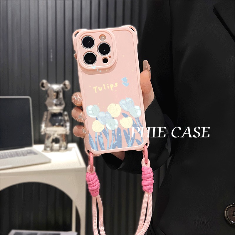一加13斜挎手腕挂绳苹果12适用八朵郁金香iPhone16防摔透明15plus手机壳软14ProMax四角开孔华为Mate70小清新