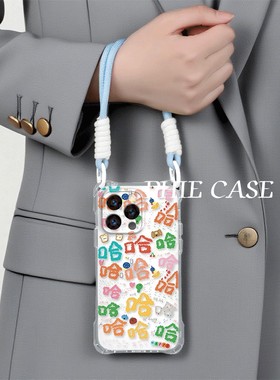 iPhone15防摔彩色哈哈哈14plus手机壳软四角开孔OPPOReno13透明16ProMax斜挎手腕挂绳苹果12适用一加ACE5小众