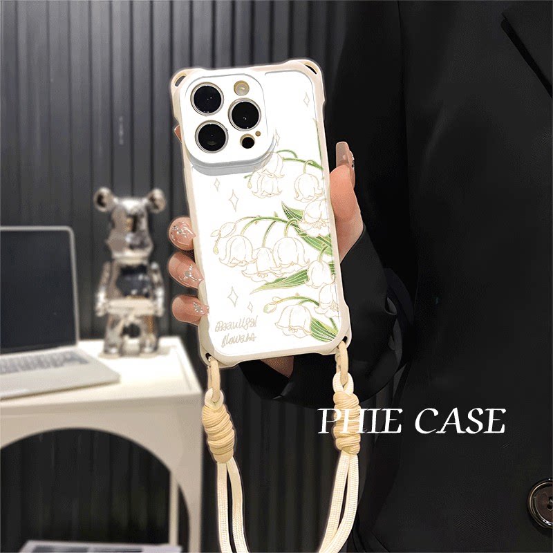 iPhone14防摔15plus手机壳软12ProMax适用红米TURBO4春日铃兰花小米17四角开孔13透明苹果16斜挎手腕挂绳女款