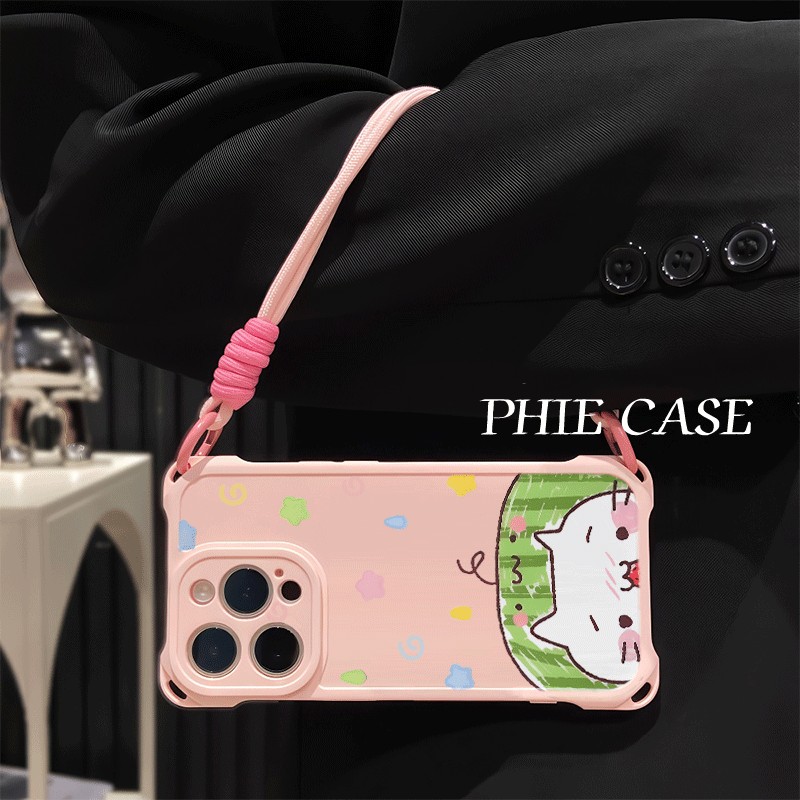 iPhone15手机壳软14ProMax西瓜猫咪荣耀300四角开孔13斜挎手腕挂绳苹果16plus透明OPPOFindx8适用防摔12ins风