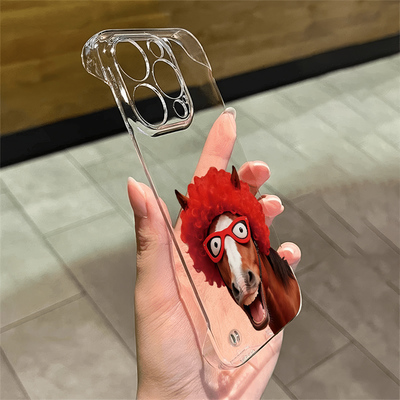 iPhone16手机壳硬17ProMax适用VIVOIQOO15搞怪透明无边框苹果14plus创意带支架13超薄假发抽象小马荣耀POWER2