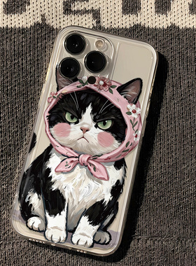 卡通治愈系头巾黑猫iPhone16e手机壳苹果13ProMax创意华为NOVA14透明软可爱小米17ULTRA荣耀POWER2适用15PLUS