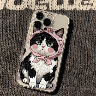 卡通治愈系头巾黑猫iPhone16e手机壳苹果13ProMax创意华为NOVA14透明软可爱小米17ULTRA荣耀POWER2适用15PLUS