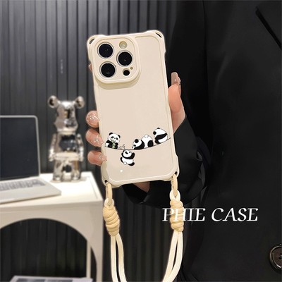 iPhone14四角开孔13ProMax透明可爱一排熊猫苹果16斜挎手腕挂绳华为NOVA12适用小米17防摔15plus手机壳软创意