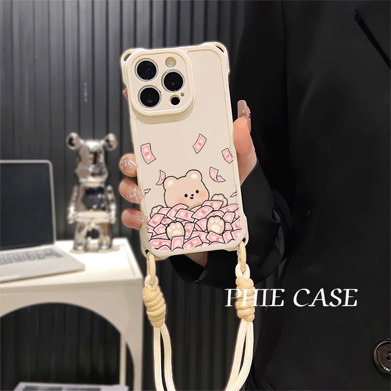 红米note14四角开孔iPhone13金钱小熊斜挎苹果16透明15plus手机壳软手腕挂绳12ProMax适用OPPOFindx8可爱防摔