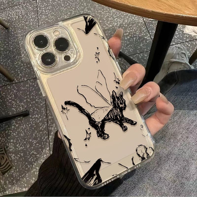 iPhone16适用红米TURBO5创意一加15T透明13ProMax软可爱卡通华为PURA80手机壳14PLUS苹果17AIR简笔蝴蝶黑猫12