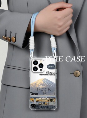 苹果16plus创意富士山透明iPhone15手机壳软红米note14四角开孔13斜挎手腕挂绳iqooz9适用防摔12ProMax高级感