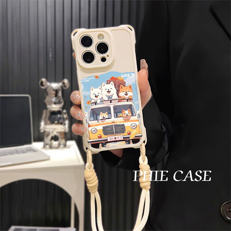 iPhone14四角开孔苹果13斜挎手腕挂绳12ProMax适用巴士小狗16防摔透明15plus手机壳软红米TURBO4卡通VIVOx200