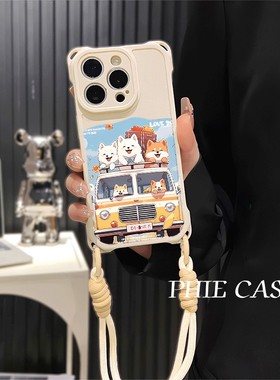iPhone14四角开孔苹果13斜挎手腕挂绳12ProMax适用巴士小狗16防摔透明15plus手机壳软红米TURBO4卡通VIVOx200