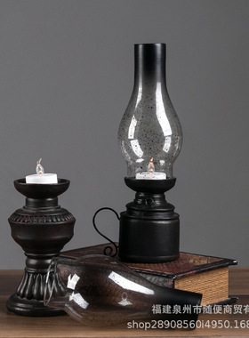 创意树脂工艺品家居装饰马灯摆件怀旧老式复古玻璃罩煤油灯