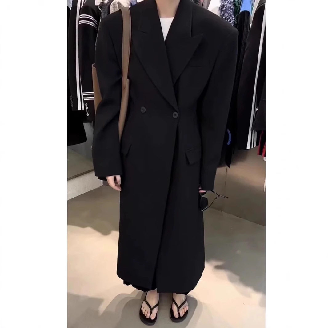 【现货】秋冬重工设计收腰极简宽大垫肩黑色长款大衣西装外套女