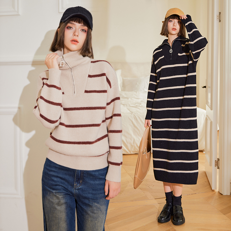 In's高领条纹针织衫针织连衣裙2023秋冬新款慵懒宽松休闲显瘦上衣
